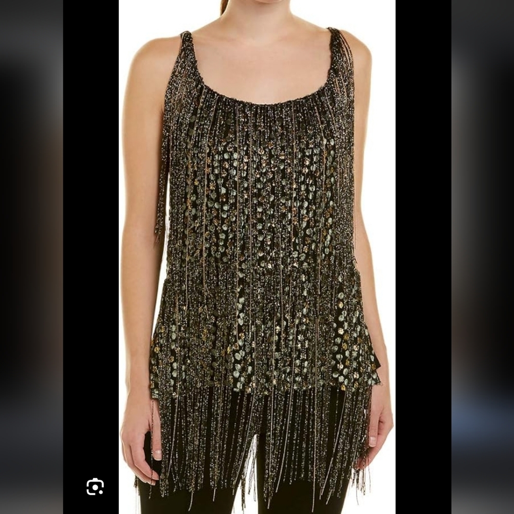 Elie Tahari Black Beaded Fringe Tank Top